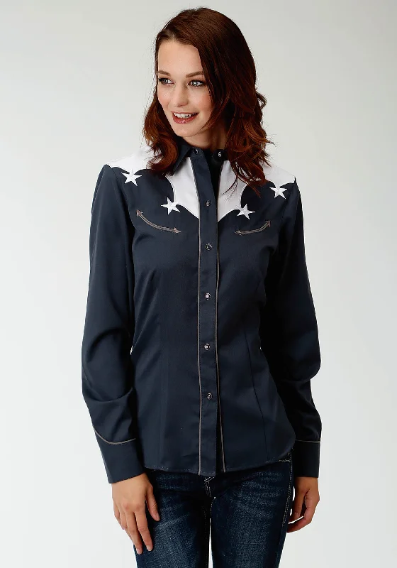 WOMENS BLUE WITH WHITE YOKES AND STARS LONG SLEEVE WESTERN SNAP SHIRT Trendy Summer Short Sleeve WOMENS BLUE WITH WHITE YOKES AND STARS LONG SLEEVE WESTERN SNAP SHIRT Trendy Summer Short Sleeve