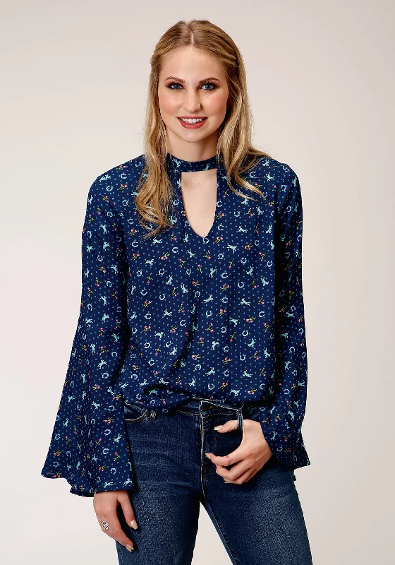 WOMENS HORSE PRINT RAYON BLOUSE LONG SLEEVE BUTTON WESTERN SHIRT Stylish Casual Short Tee