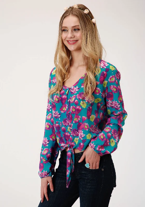 WOMENS BLUE PINK AND GREEN CACTUS PRINT LONG SLEEVE WESTERN SHIRT Chic Embellished Short Sleeve