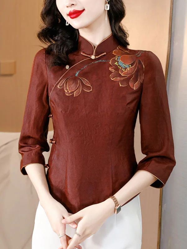 2024 Lotus Print Cheongsam Blouse Shirt Fashionable Draped Short Sleeve