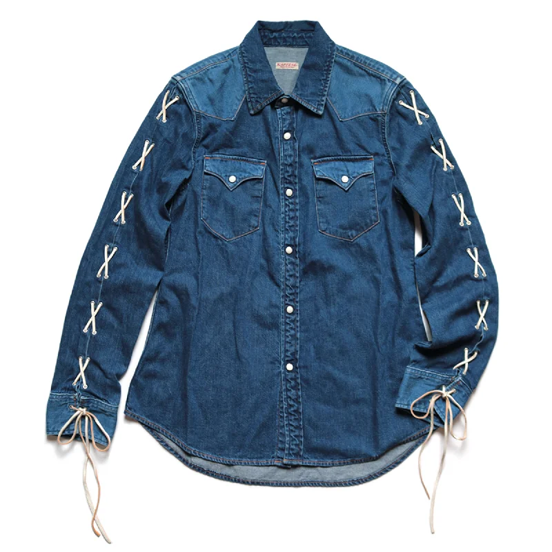 8oz DENIM LACE-UP WESTERN SHIRT LADIES - INDIGO Comfortable Short Sleeve Tee