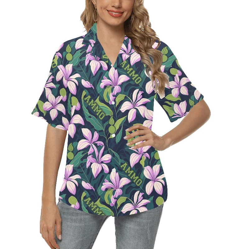 AMMO Pink Frangipani Flowers and Green Leaves AMMO Word and Pisspots Womens Hawaiian Shirt Relaxed Cotton Short Shirt