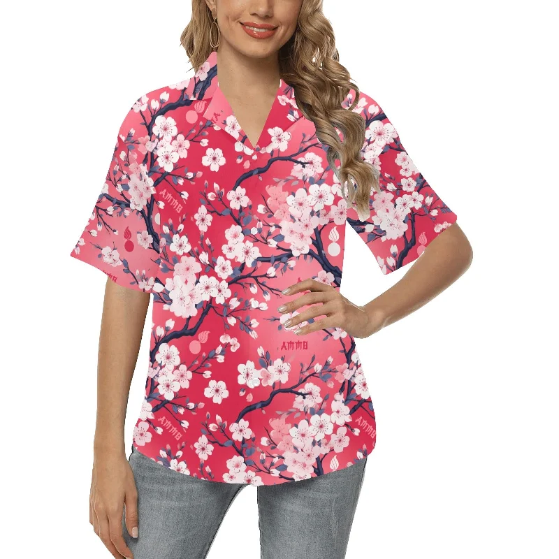 AMMO Pink Sakura Cherry Blossom Pisspots Womens Hawaiian Shirt Cozy Cotton Short Tee