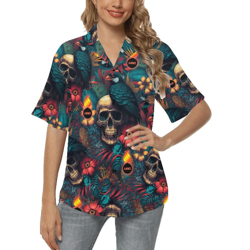 AMMO Skulls Birds Flowers and Flaming Pisspots Womens Hawaiian Shirt Comfortable Short Sleeve Tee