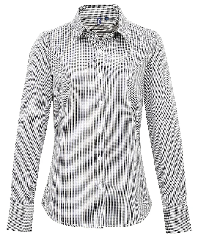 Black/White - Women's Microcheck (Gingham) long sleeve cotton shirt Chic Button-Up Short Shirt