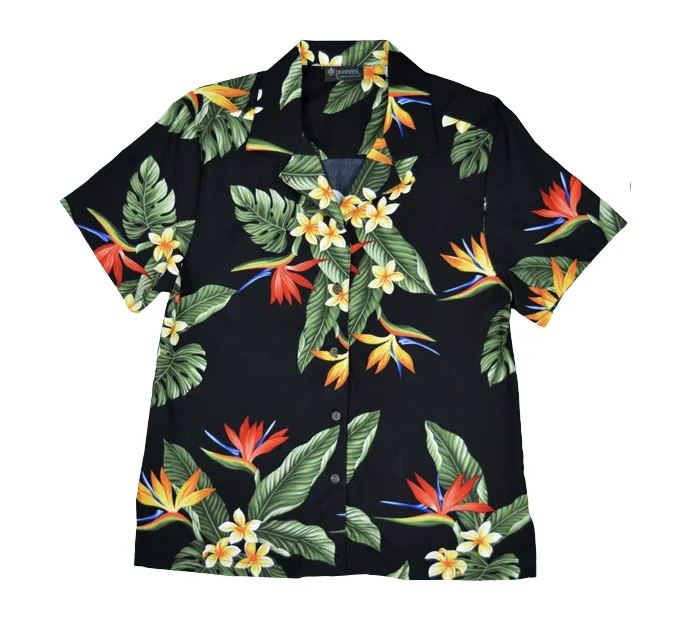 BOP Plumeria Ladies Hawaiian Aloha Camp Shirt in Black Soft Cotton Short Shirt