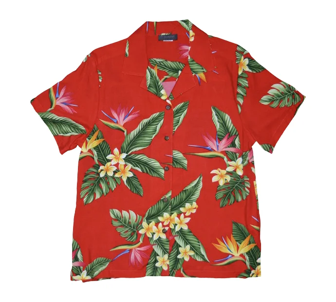 BOP Plumeria Ladies Hawaiian Aloha Camp Shirt in Red Comfortable Short Sleeve Tee