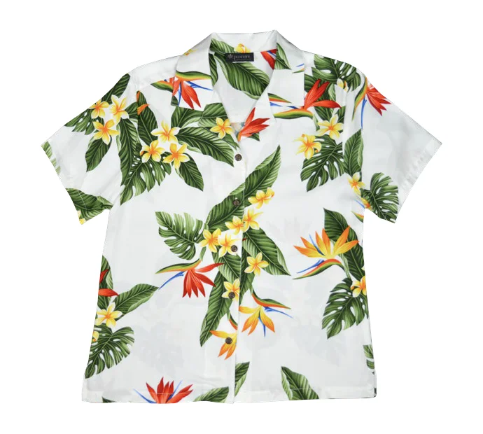 BOP Plumeria Ladies Hawaiian Aloha Camp Shirt in White Casual Cotton Short Shirt