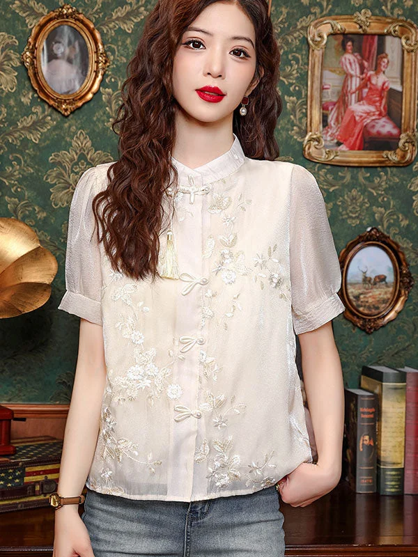 ChampagneEmbroidered Floral Blouse Shirt Stylish Striped Short Sleeve