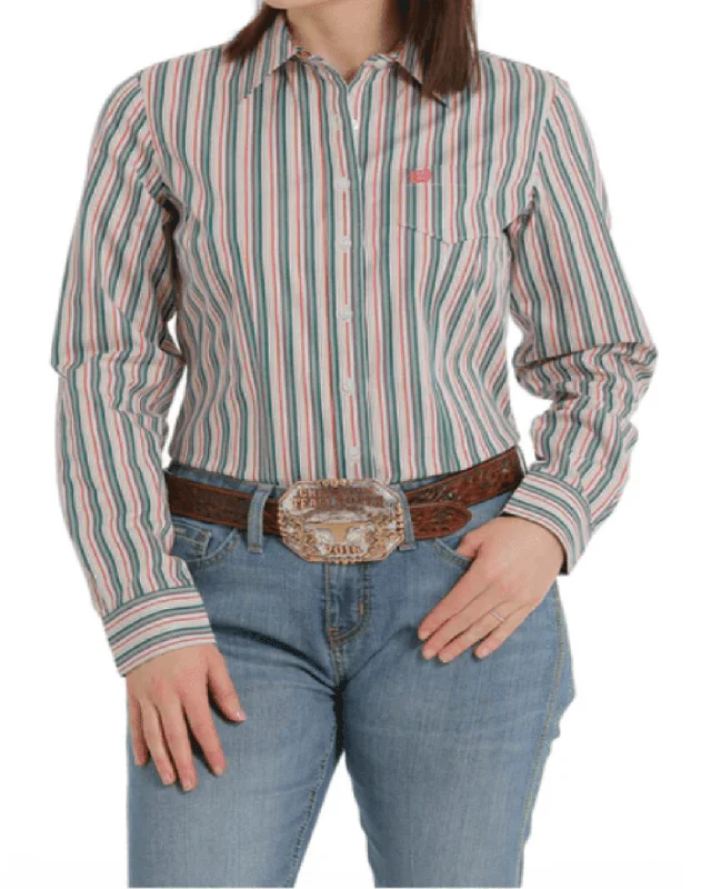 Cinch Women's Green Stripe Button Long Sleeve Western Shirt MSW9164199 Casual Boxy Short Shirt