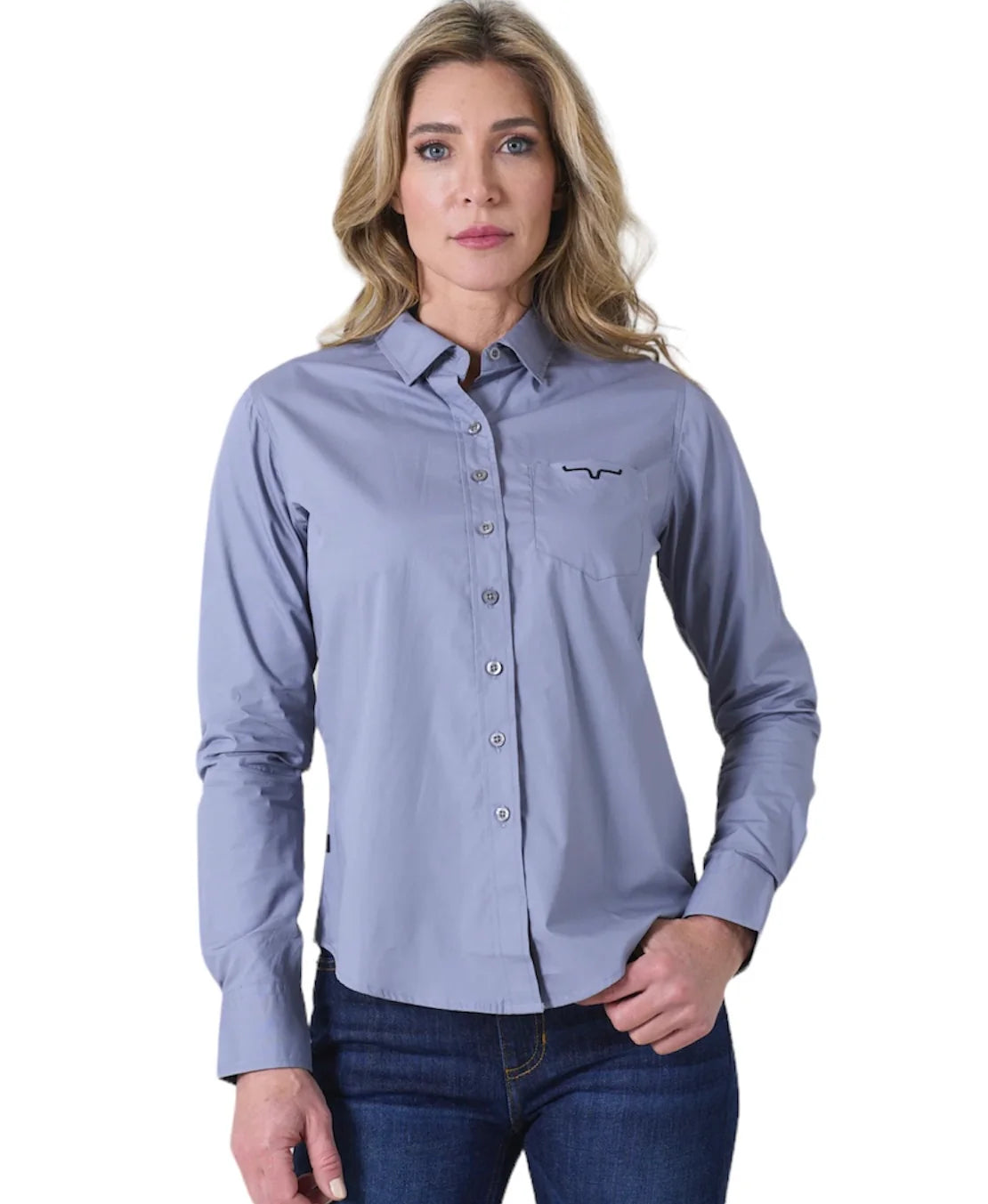 Kimes Ranch Women's Grey KR Team Shirt Long Sleeve Button Up Top Chic Button-Up Short Shirt