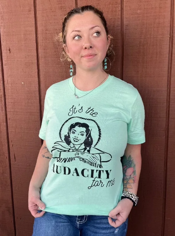 Painted Cowgirl Mint Green “It’s The Audacity For Me” Tee Shirt PCMA10 Elegant High-Low Short Shirt