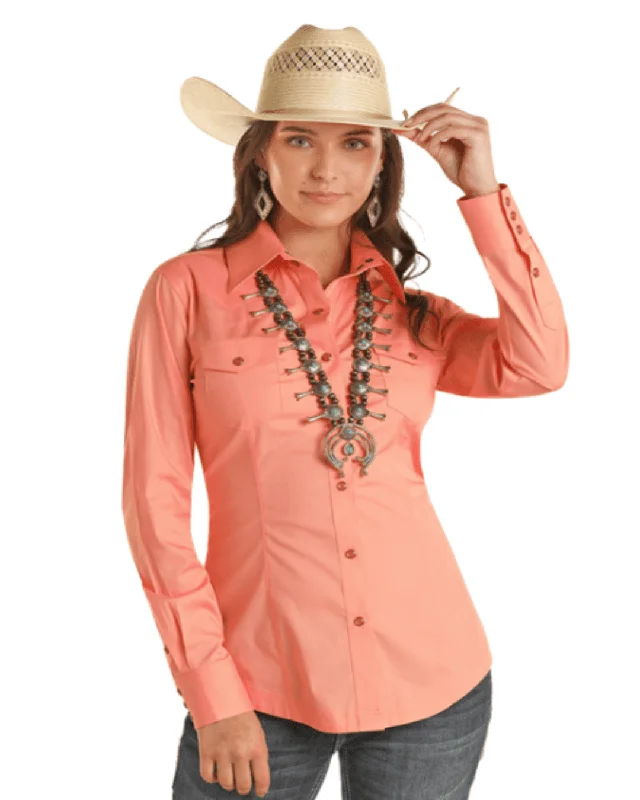 Panhandle Women's Melon Solid Long Sleeve Snap Up Western Shirt PWN2S03154-MEL Chic V-Neck Short Blouse