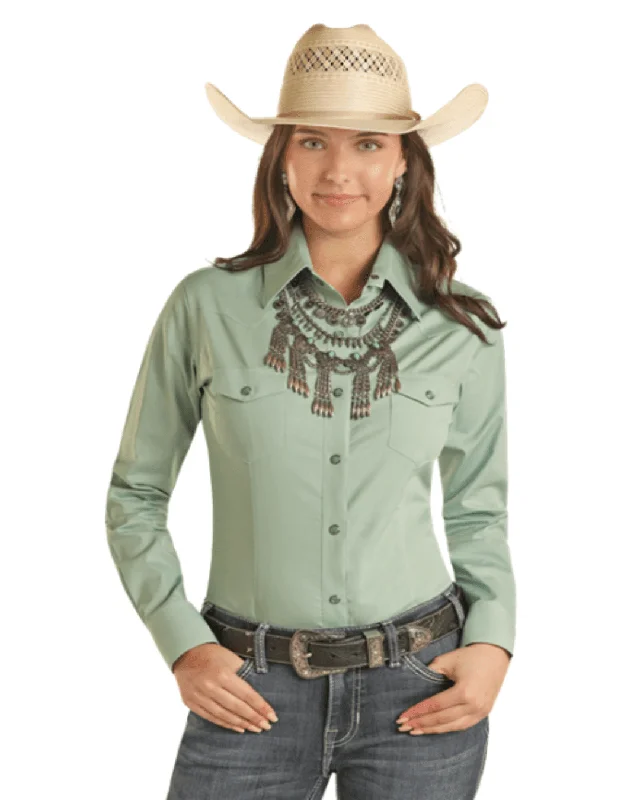 Panhandle Women's Aqua Solid Long Sleeve Snap Up Western Shirt PWN2S03154-AQ Stylish Split-Hem Short Shirt