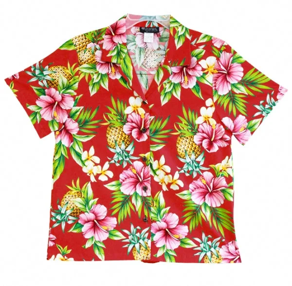 Pineapple Party Ladies Tropical Hawaiian Camp Shirt in Red Stylish Short Sleeve Polo