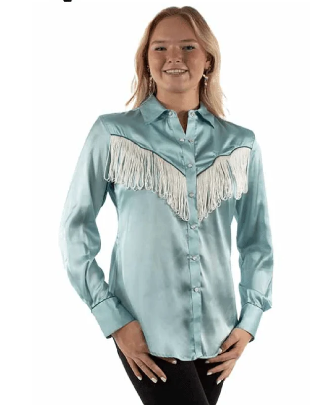 Scully Women's Turquoise Fringe Snap Western Shirt HC922 Trendy Tie-Front Short Shirt