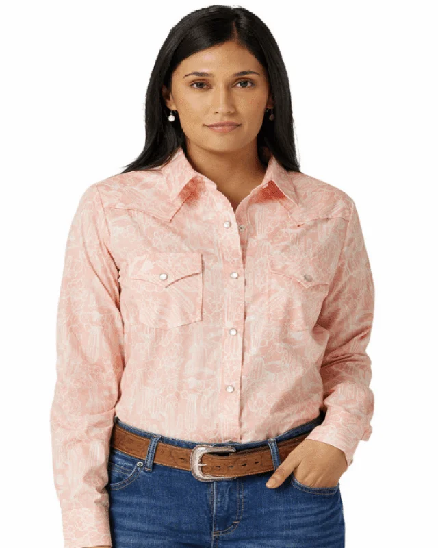 Wrangler Women's Cacti Pink Snap Up Long Sleeve Western Shirt 112327235 Cozy Cotton Short Tee