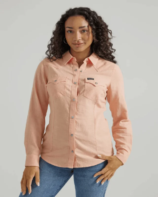 Wrangler Women's Retro®  Peach Western Snap Long Sleeve Shirt 112347182 Cozy Striped Short Sleeve