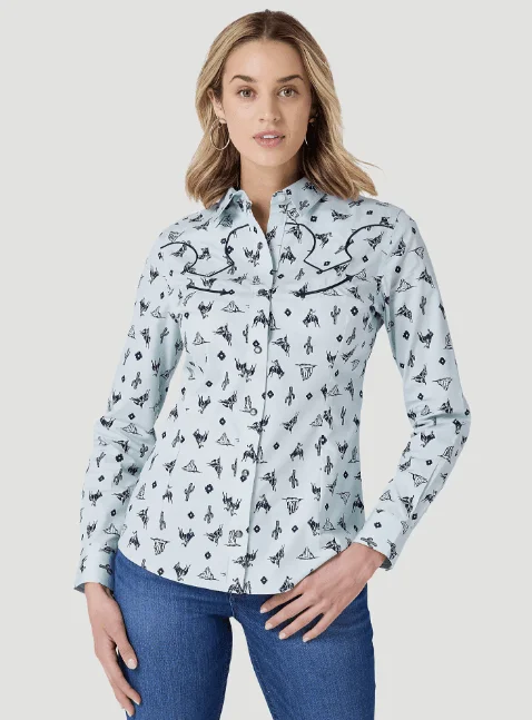 Wrangler Women's Retro Cowgirl Cactus Blue Print Snap Long Sleeve Western Shirt 112327262 Elegant Button-Down Short Shirt