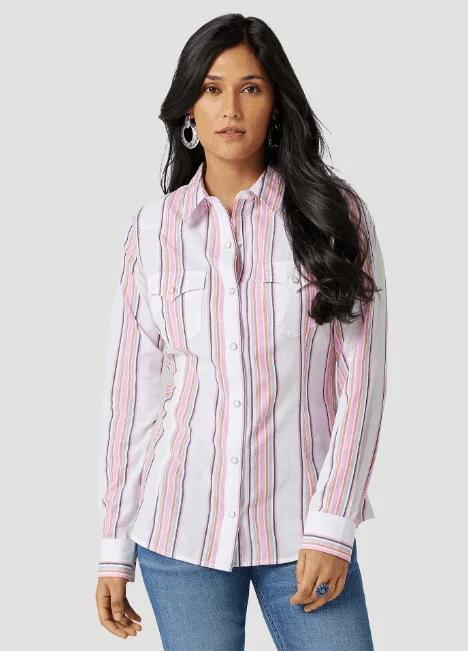 Wrangler Women's Retro Pink & White Stripe Western Snap Long Sleeve Shirt 112327248 Comfortable Knit Short Shirt