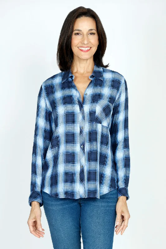 Elliott Lauren Blue Streak Plaid Shirt Comfortable Flowing Short Sleeve