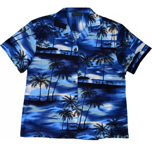 Evening Palms Ladies Tropical Hawaiian Camp Shirt in Blue Fashionable Tied Short Sleeve