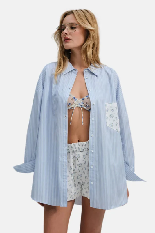 Tamren Button-Up Shirt Blue Chic V-Neck Short Blouse