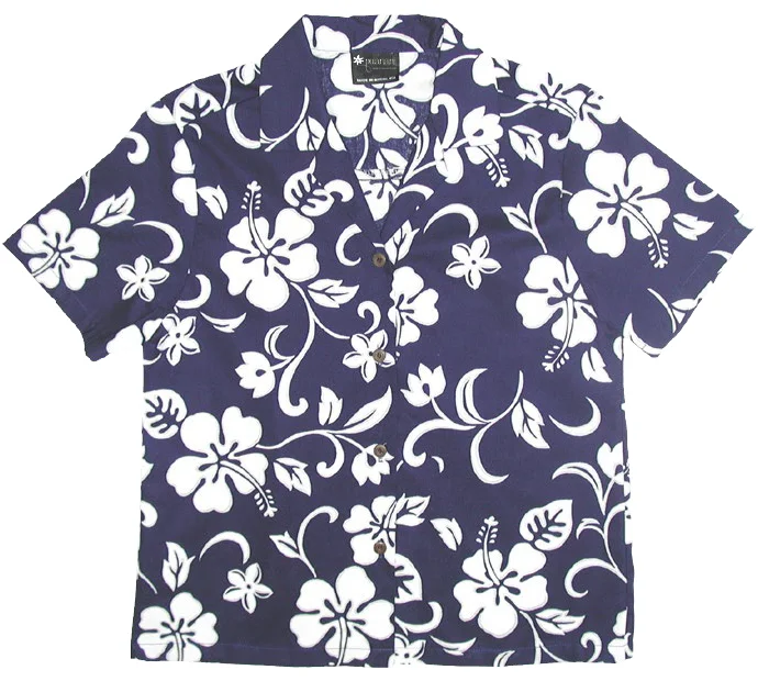 Hibiscus Paradise Ladies Tropical Hawaiian Aloha Camp Shirt in Royal Casual Plain Short Shirt