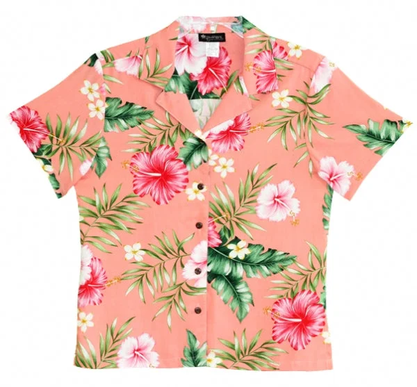 Hibiscus Summer Ladies Hawaiian Camp Shirt in Coral Classic Denim Short Sleeve