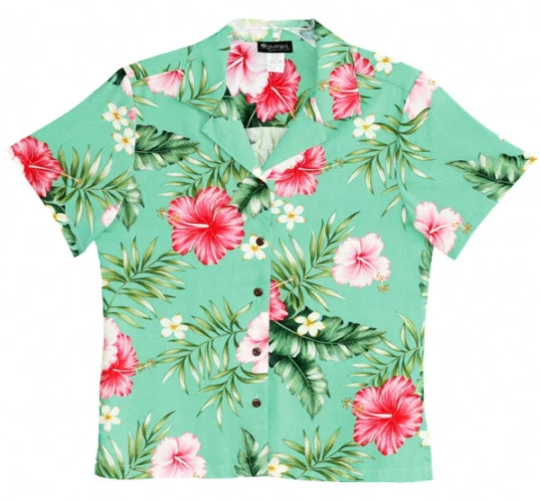 Hibiscus Summer Ladies Hawaiian Camp Shirt in Green Trendy Turtleneck Short Shirt