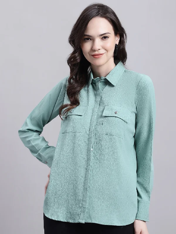 Jainish Women's Green Solid Shirt Fashionable Pleated Short Shirt