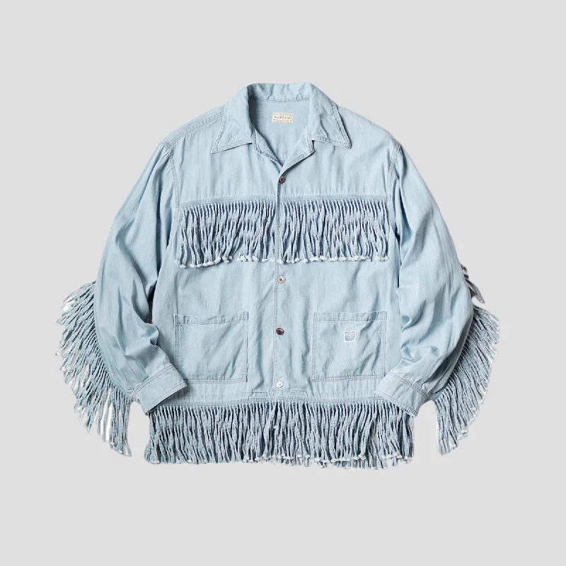 DENIM FRINGE BOARD SHIRTS Casual Button-Down Short Shirt