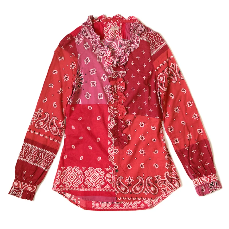 GAUZE BANDANA PATCHWORK V-NECK FRILL SHIRT - RED Comfortable Fit Short Shirt