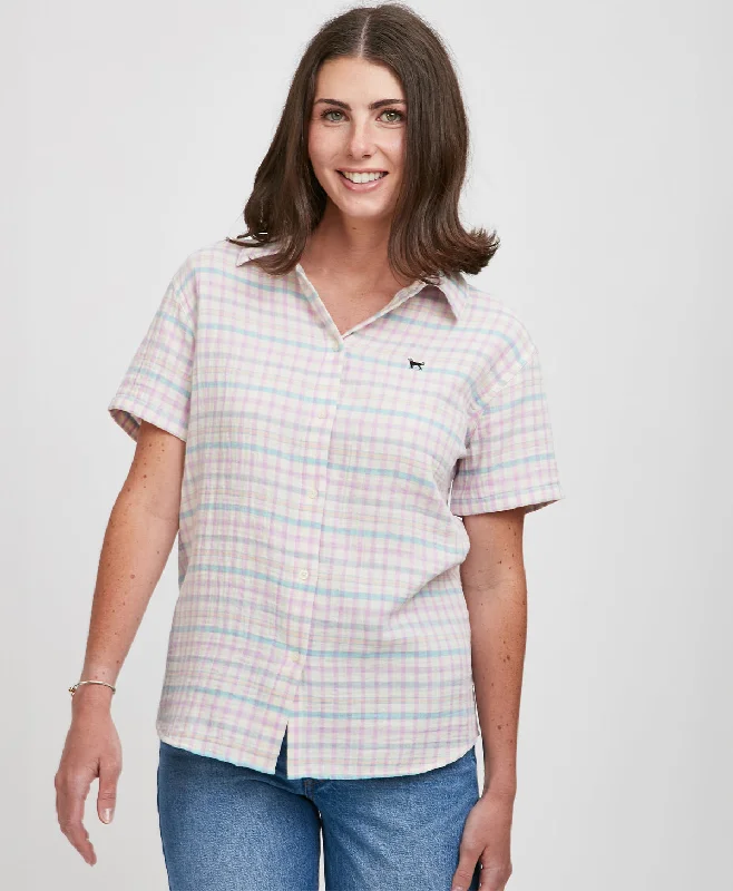 Ladies Sunset Plaid Shortsleeve Shirt Classic Denim Short Sleeve