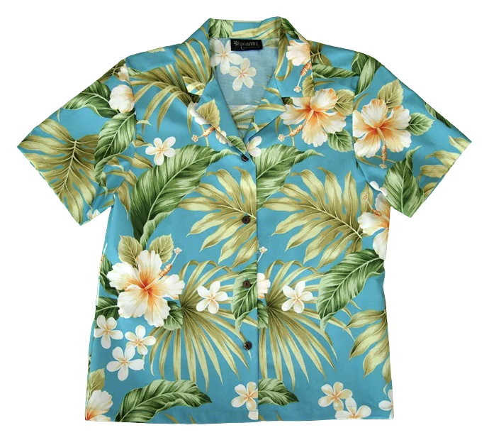 Ladies Tropical Camp Hawaiian Aloha Shirt in Blue Stylish Pleated Short Sleeve