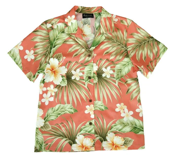 Ladies Tropical Camp Hawaiian Aloha Shirt in Coral Elegant Off-Shoulder Short Shirt