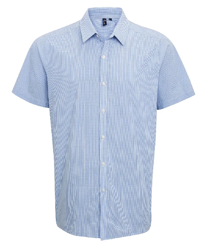 Light Blue/White - Microcheck (Gingham) short sleeve cotton shirt Cozy Linen Short Shirt