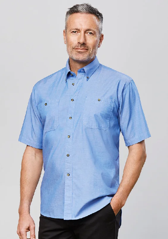 Mens Chambray Short Sleeve Shirt Comfortable Peplum Short Shirt