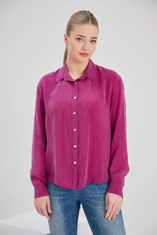 Cupro Mia Shirt in Fuchsia Vegan Silk Casual Button-Down Short Shirt