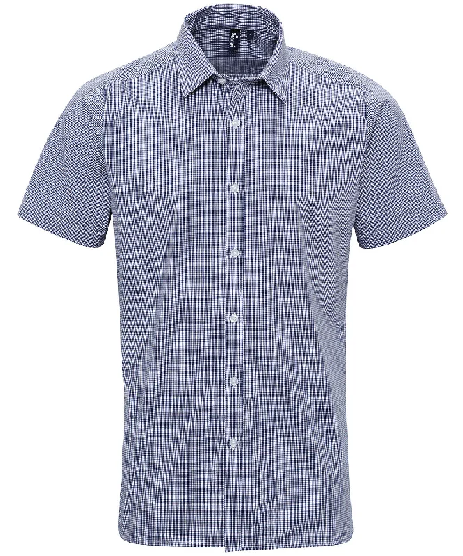 Navy/White - Microcheck (Gingham) short sleeve cotton shirt Trendy Short Sleeve Blouse