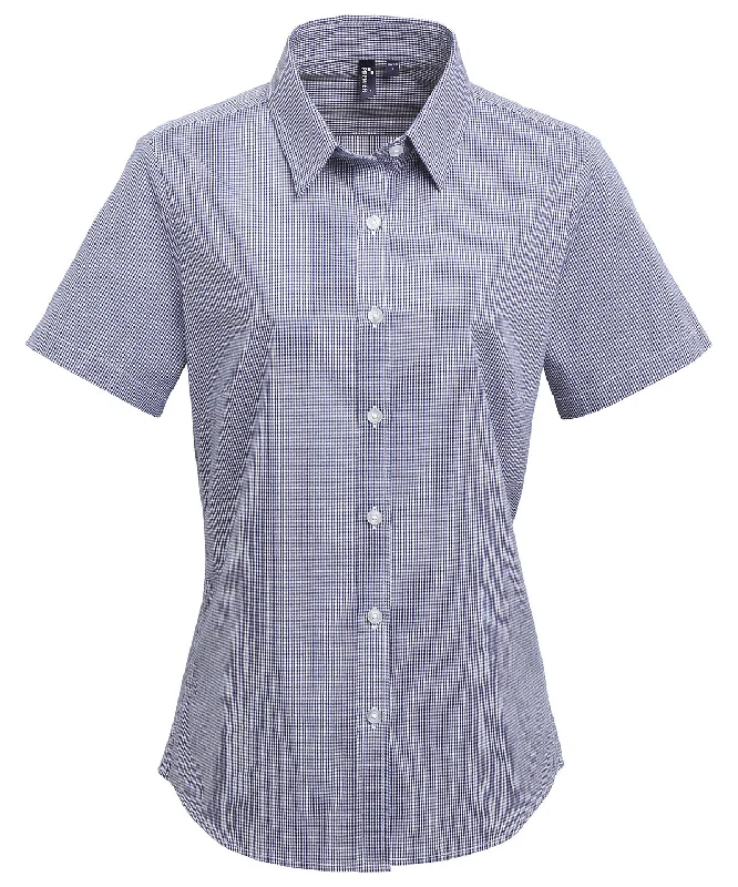 Navy/White - Women's Microcheck (Gingham) short sleeve cotton shirt Relaxed Fit Short Blouse