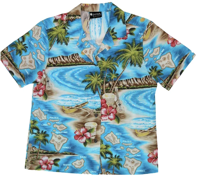 Palm Isle Ladies Tropical Hawaiian Aloha Camp Shirt in Turquoise Classic Short Sleeve Blouse