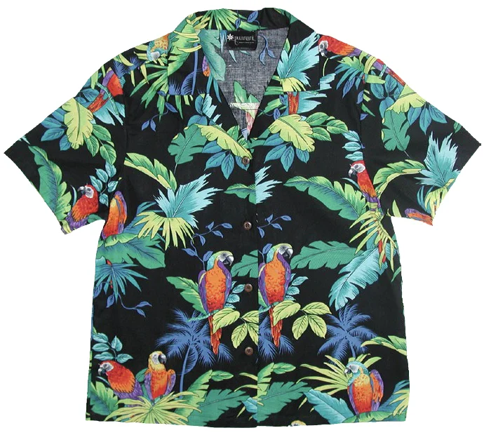 Paradise Parrots Ladies Tropical Hawaiian Aloha Camp Shirt in Black Soft Silk Short Sleeve