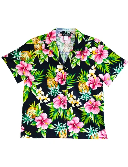 Pineapple Party Ladies Tropical Hawaiian Camp Shirt in Black Soft Cotton Short Tee