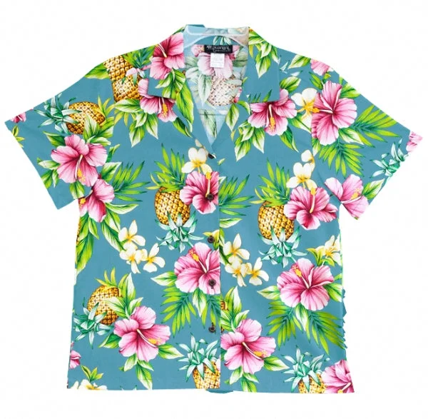 Pineapple Party Ladies Tropical Hawaiian Camp Shirt in Slate Modern Casual Short Sleeve