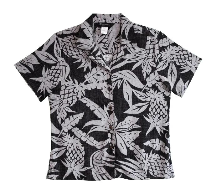 Pineapple Twist Ladies Hawaiian Camp Shirt in Black Casual Loose Short Sleeve