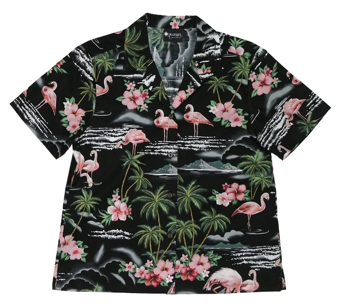 Pink Flamingo Ladies Tropical Hawaiian Aloha Camp Shirt in Black Cozy Plain Short Sleeve