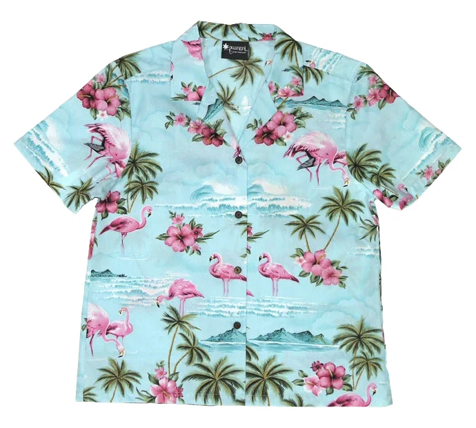 Pink Flamingo Ladies Tropical Hawaiian Aloha Camp Shirt in Blue Relaxed Cotton Short Shirt