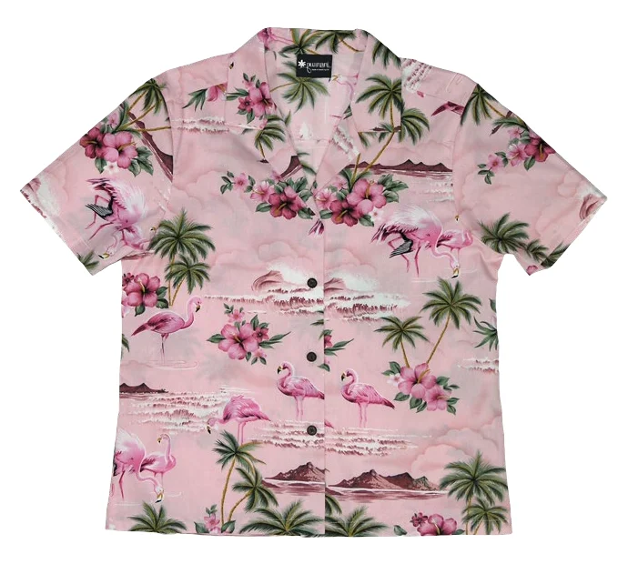 Pink Flamingo Ladies Tropical Hawaiian Aloha Camp Shirt in Pink Soft Flowing Short Shirt