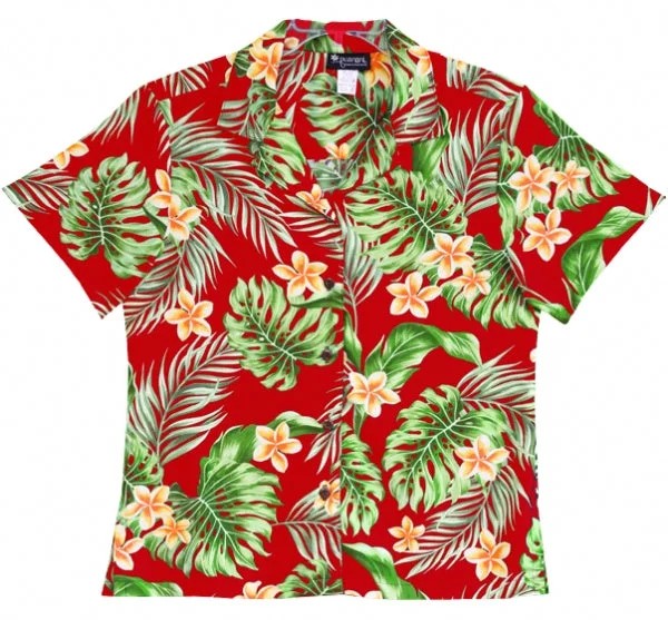 Plumeria Garden Ladies Hawaiian Aloha Camp Shirt in Red Comfortable Short Sleeve Blouse